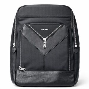 Diesel Men's Black Backpack with Silver Accents
